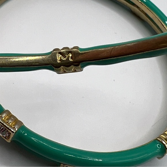 Set of three teal / turquoise enamel bangles with gold and crystals - Picture 2 of 6